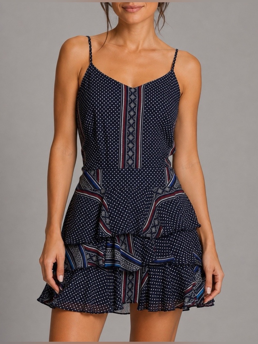 10 Crosby Derek Lam Navy Printed Spaghetti-Strap Tiered Mini Dress 100% Silk